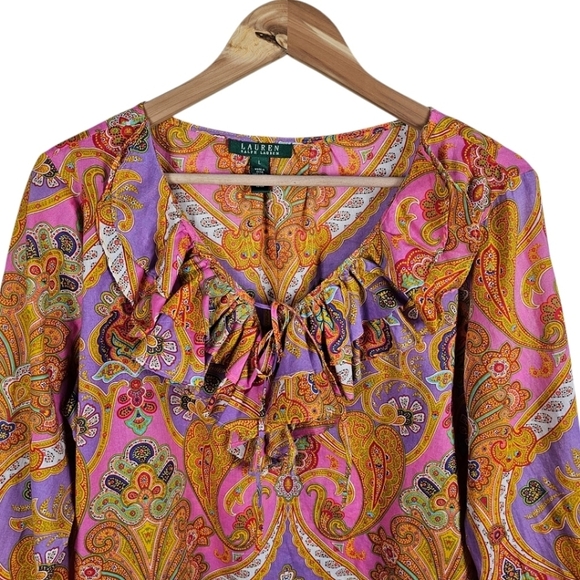 Lauren Ralph Lauren Paisley Ruffle Neck Blouse Womens Sz Large Cotton Casual - Picture 6 of 12